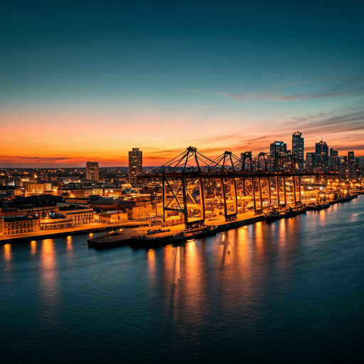 Container cranes and a European city skyline lit at dusk