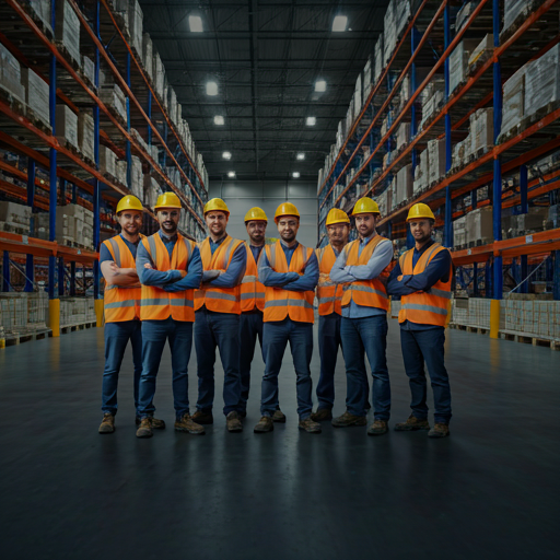 Diverse team of industrial workers in a logistics warehouse