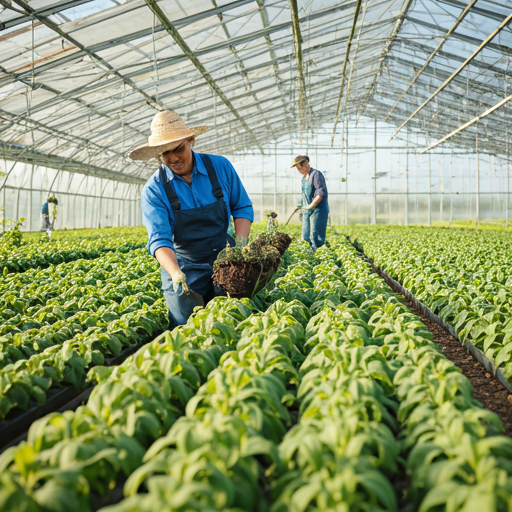Farm workers tending crops in a commercial greenhouse - Legal Manpower Supply