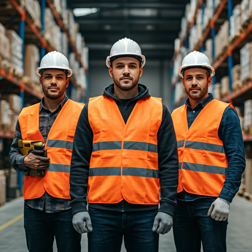 Team of workers in high-visibility vests inside a large facility - Legal Manpower Supply