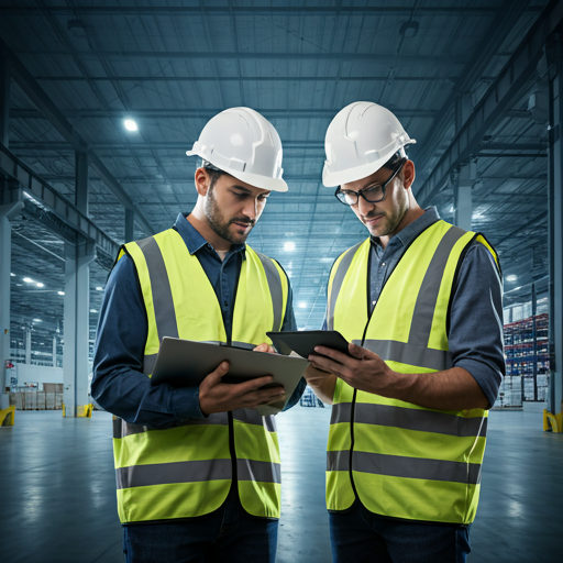 Warehouse workers reviewing stock data on a tablet in a distribution centre - Legal Manpower Supply