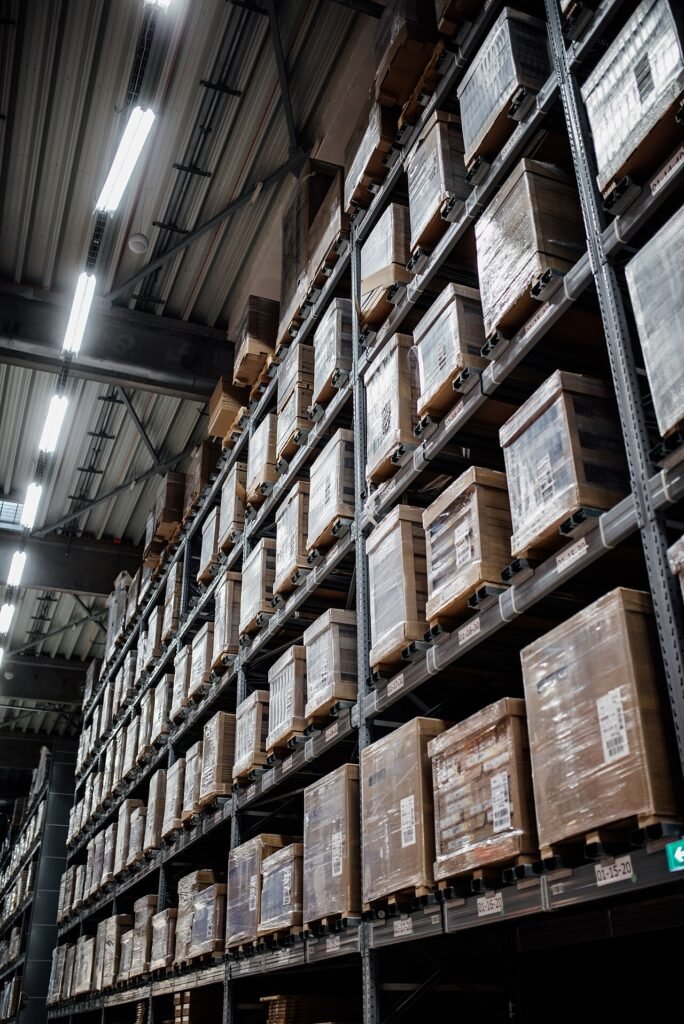 European warehouse filled with stacked pallets